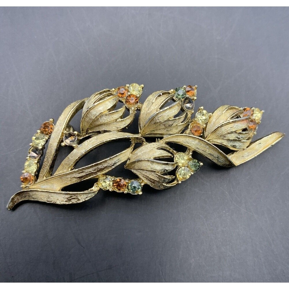 Coro Pegasus Floral Brooch Pin Flower Brushed Gold Tone Rhinestone Vintage